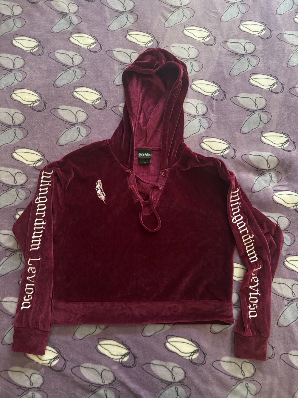 Harry Potter Velvet Lace-Up Hooded Pullover - Burgundy size L
